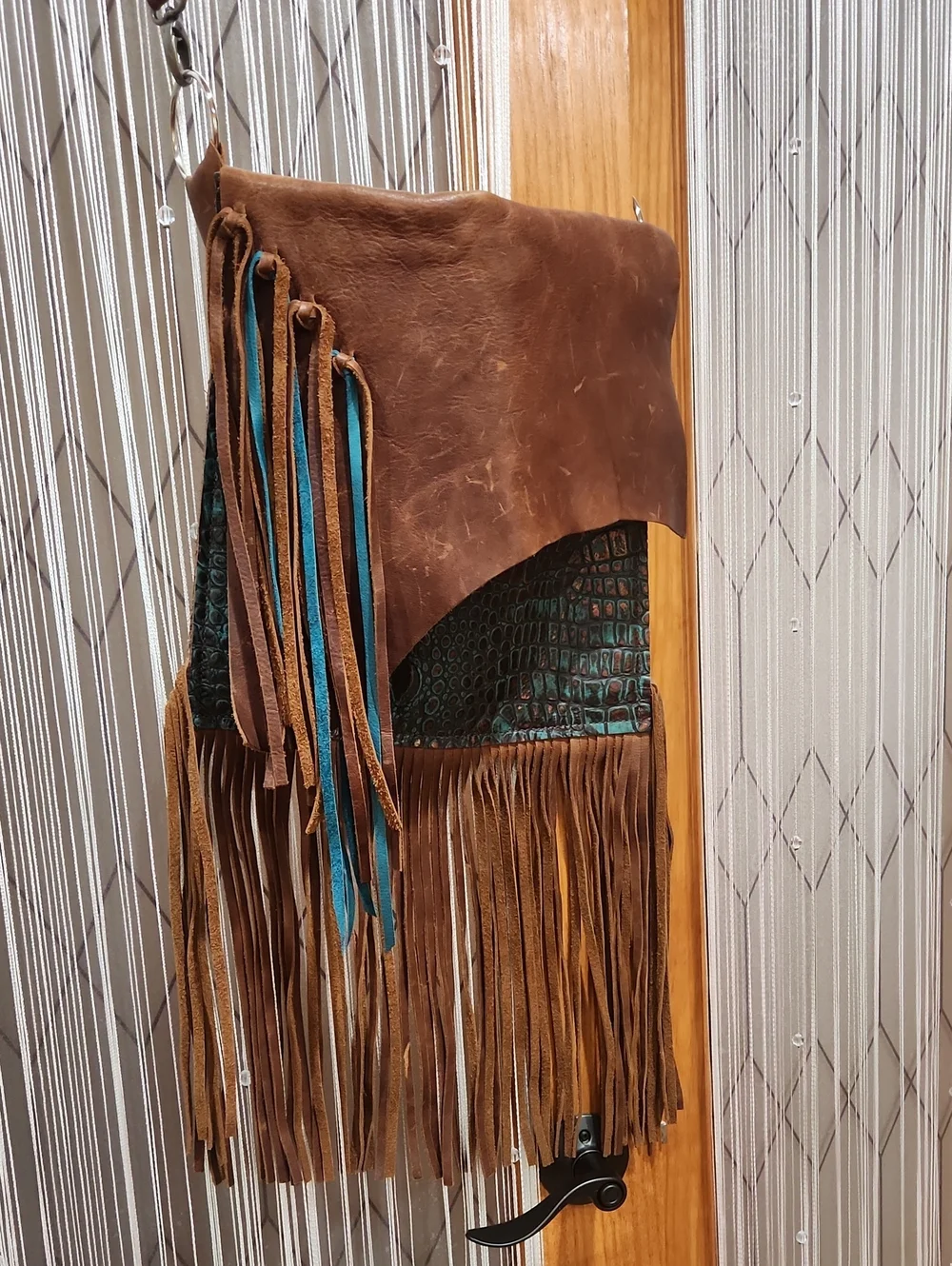 Brown Leather Fringe Crossbody Bag with Teal Croc Accent